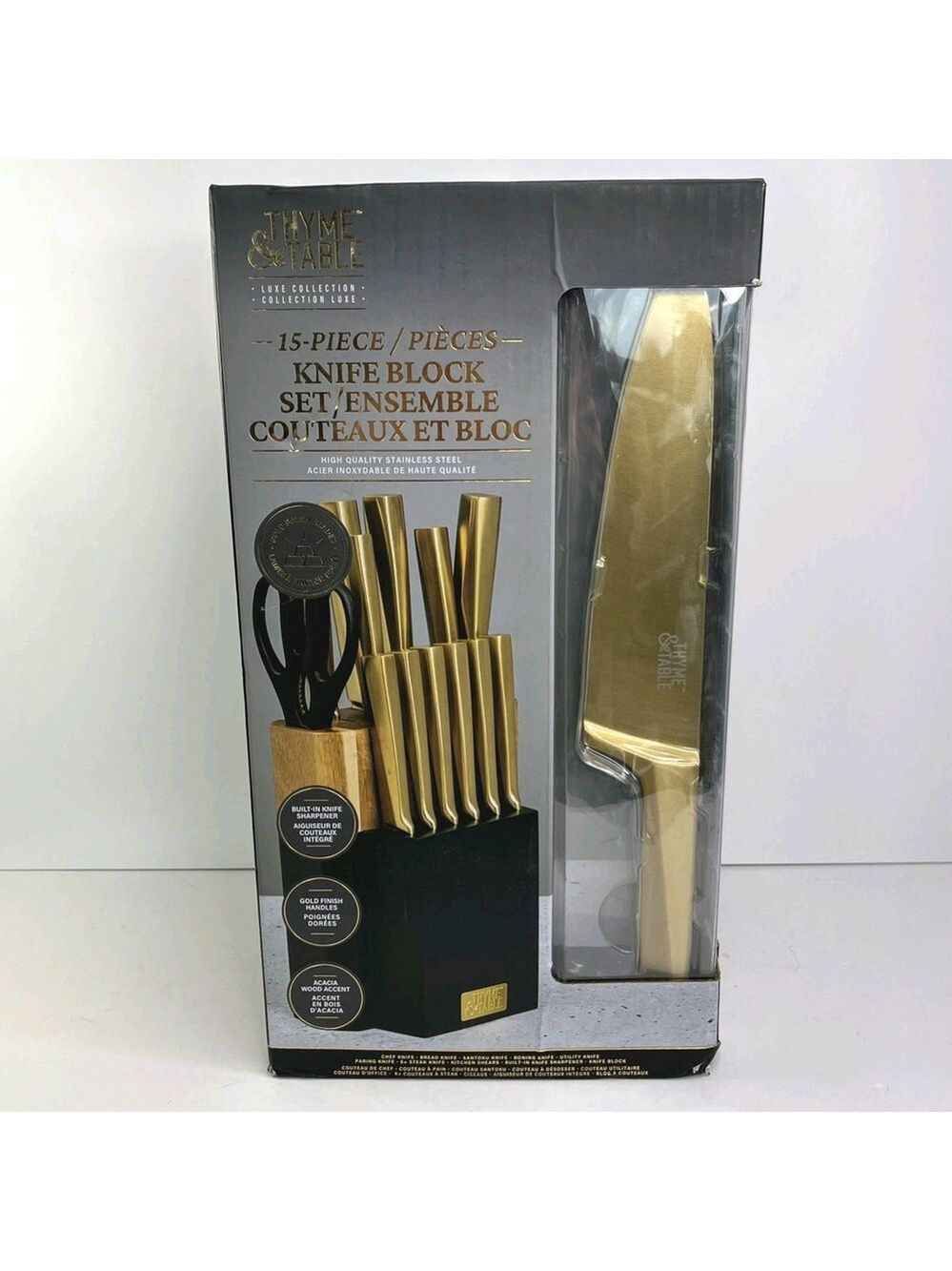 Thyme & Table 15 Piece Knife Block Set Built-in Knife Sharpener Gold Finish CN